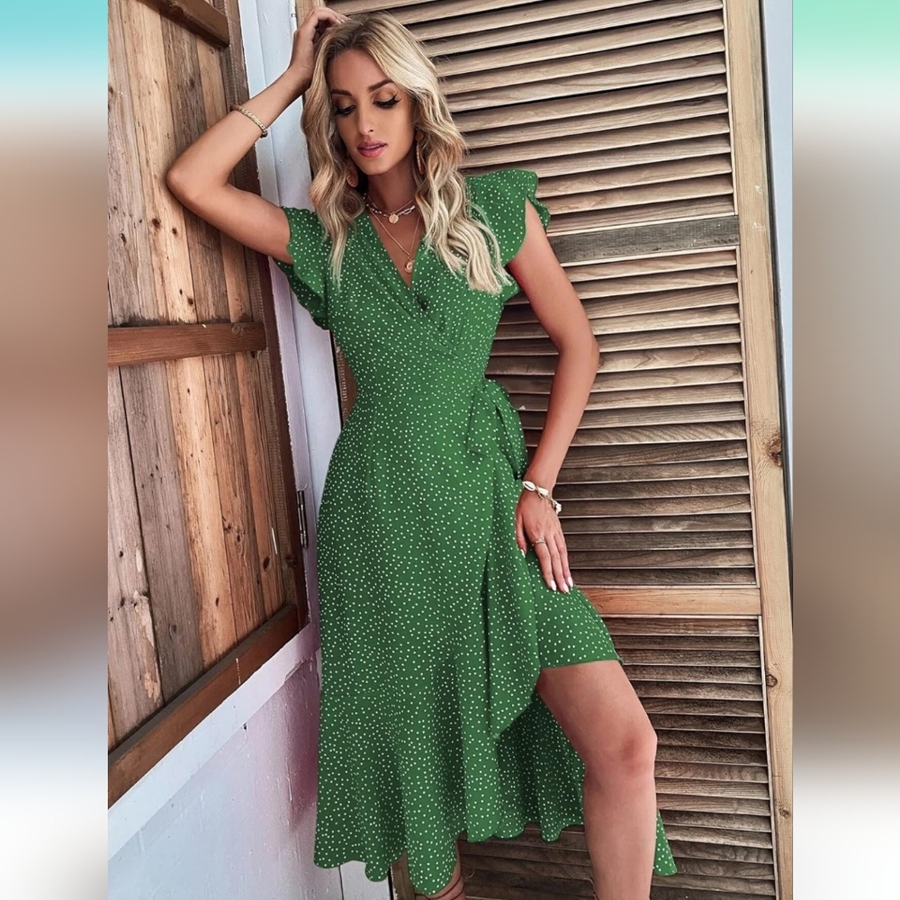 Shein Polka-dot Wrap Tie Side Midi Dress